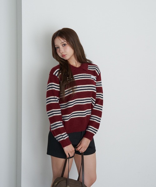 RAY CASSIN（レイカズン）の「ボーダー襟付ニット（ニット/セーター・レディース・ホワイト/ワインレッド/グレー・FREE）」の8枚目の写真