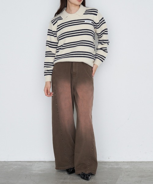 RAY CASSIN（レイカズン）の「ボーダー襟付ニット（ニット/セーター・レディース・ホワイト/ワインレッド/グレー・FREE）」の15枚目の写真