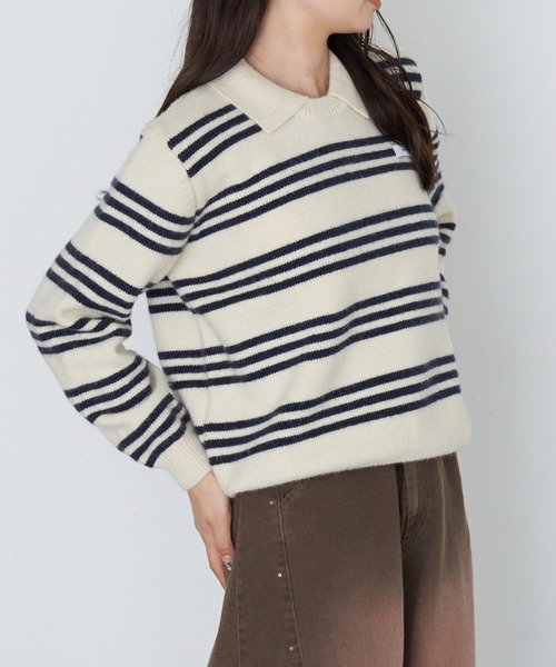 RAY CASSIN（レイカズン）の「ボーダー襟付ニット（ニット/セーター・レディース・ホワイト/ワインレッド/グレー・FREE）」の12枚目の写真