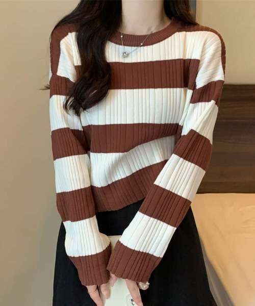 shoppinggo(ショッピングゴー)の「ニットトップス ボーダー柄 ニットソー レディース シンプル セーター(ニット/セーター・レディース・ブラウン/ホワイト/グレー・FREE)」の1枚目の写真