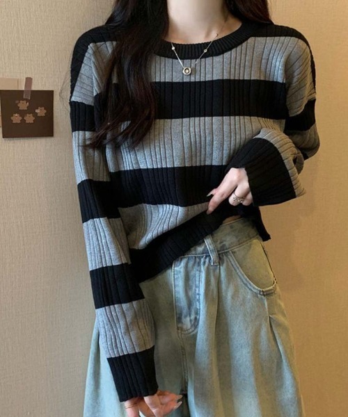 shoppinggo(ショッピングゴー)の「ニットトップス ボーダー柄 ニットソー レディース シンプル セーター(ニット/セーター・レディース・ブラウン/ホワイト/グレー・FREE)」の3枚目の写真