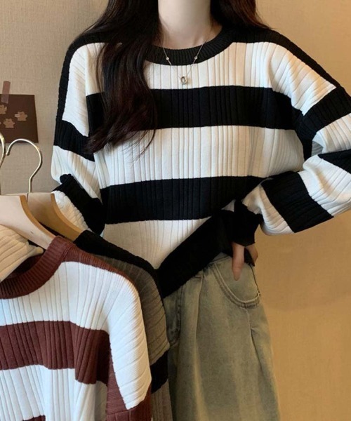 shoppinggo(ショッピングゴー)の「ニットトップス ボーダー柄 ニットソー レディース シンプル セーター(ニット/セーター・レディース・ブラウン/ホワイト/グレー・FREE)」の8枚目の写真