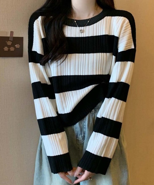 shoppinggo(ショッピングゴー)の「ニットトップス ボーダー柄 ニットソー レディース シンプル セーター(ニット/セーター・レディース・ブラウン/ホワイト/グレー・FREE)」の7枚目の写真