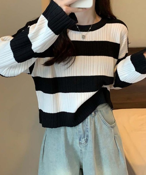shoppinggo(ショッピングゴー)の「ニットトップス ボーダー柄 ニットソー レディース シンプル セーター(ニット/セーター・レディース・ブラウン/ホワイト/グレー・FREE)」の5枚目の写真