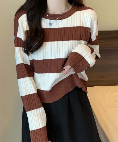 shoppinggo(ショッピングゴー)の「ニットトップス ボーダー柄 ニットソー レディース シンプル セーター(ニット/セーター・レディース・ブラウン/ホワイト/グレー・FREE)」の22枚目の写真