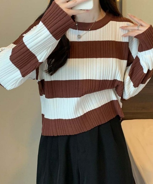 shoppinggo(ショッピングゴー)の「ニットトップス ボーダー柄 ニットソー レディース シンプル セーター(ニット/セーター・レディース・ブラウン/ホワイト/グレー・FREE)」の21枚目の写真