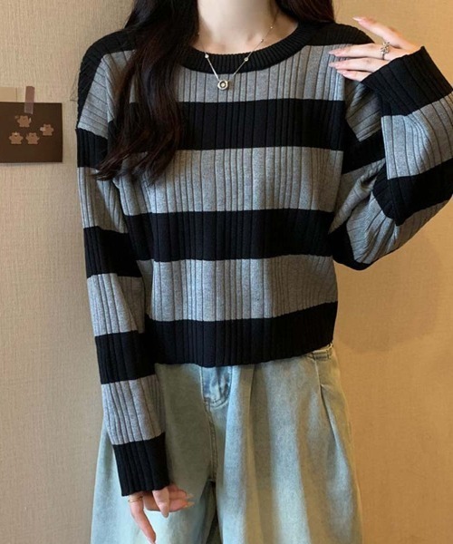 shoppinggo(ショッピングゴー)の「ニットトップス ボーダー柄 ニットソー レディース シンプル セーター(ニット/セーター・レディース・ブラウン/ホワイト/グレー・FREE)」の20枚目の写真