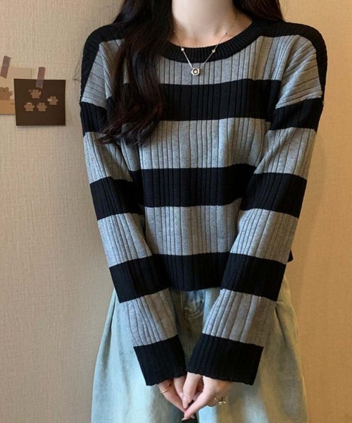 shoppinggo(ショッピングゴー)の「ニットトップス ボーダー柄 ニットソー レディース シンプル セーター(ニット/セーター・レディース・ブラウン/ホワイト/グレー・FREE)」の19枚目の写真