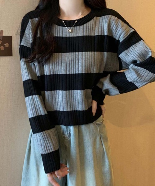 shoppinggo(ショッピングゴー)の「ニットトップス ボーダー柄 ニットソー レディース シンプル セーター(ニット/セーター・レディース・ブラウン/ホワイト/グレー・FREE)」の18枚目の写真
