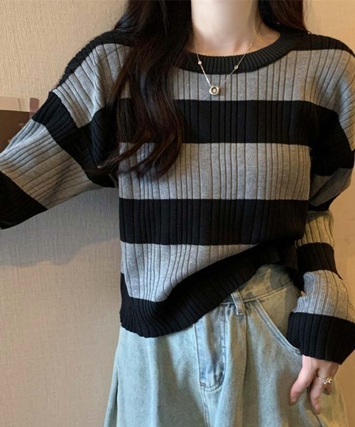 shoppinggo(ショッピングゴー)の「ニットトップス ボーダー柄 ニットソー レディース シンプル セーター(ニット/セーター・レディース・ブラウン/ホワイト/グレー・FREE)」の17枚目の写真