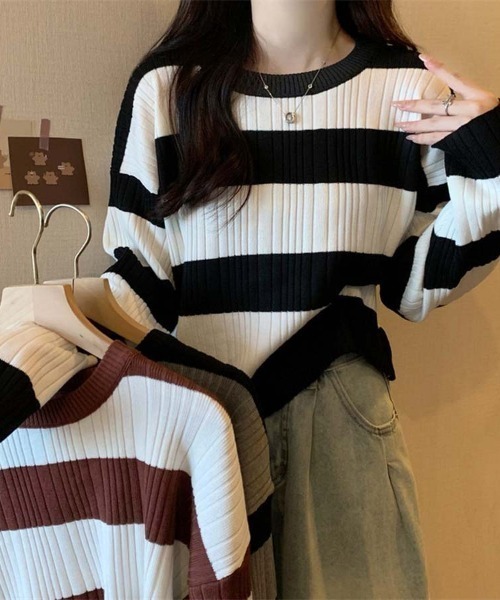 shoppinggo(ショッピングゴー)の「ニットトップス ボーダー柄 ニットソー レディース シンプル セーター(ニット/セーター・レディース・ブラウン/ホワイト/グレー・FREE)」の16枚目の写真