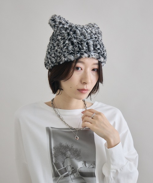 Paradise Picnic(パラダイスピクニック)の「ネコみみファー帽子(ニットキャップ/ビーニー・レディース・ブラック/グレー/ブラウン/ベージュ・FREE)」の13枚目の写真