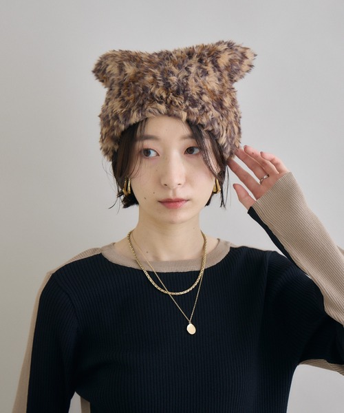 Paradise Picnic(パラダイスピクニック)の「ネコみみファー帽子(ニットキャップ/ビーニー・レディース・ブラック/グレー/ブラウン/ベージュ・FREE)」の7枚目の写真