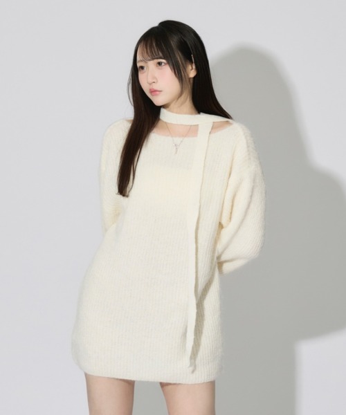 ALLuRing ChaRm(アリュリングチャーム)の「Neck String Over Knit / 首紐オーバーニットワンピース(ニット/セーター・レディース・ホワイト/ブラウン・FREE)」の1枚目の写真