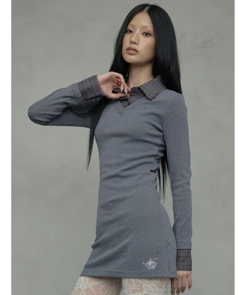 NIIER NOR(ニアノア)の「A'GEM/9 × .kom 『NIIER NOR/ニアノア』 LAYERED CHECK SHIRT DRESS/レイヤードニットチェックトップス(その他トップス・レディース・ブラック/グレー・FREE)」の1枚目の写真
