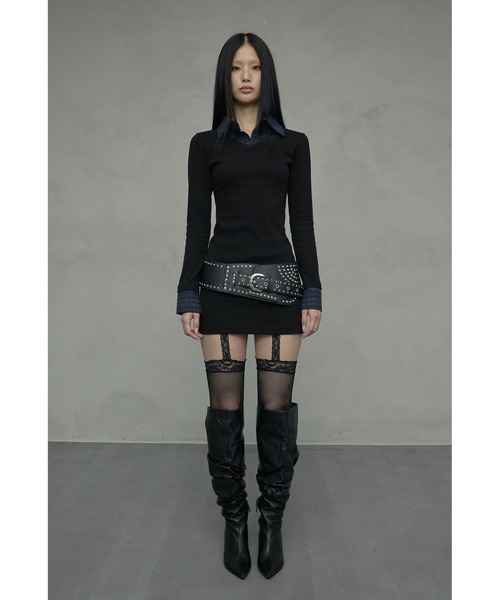 NIIER NOR(ニアノア)の「A'GEM/9 × .kom 『NIIER NOR/ニアノア』 LAYERED CHECK SHIRT DRESS/レイヤードニットチェックトップス(その他トップス・レディース・ブラック/グレー・FREE)」の4枚目の写真