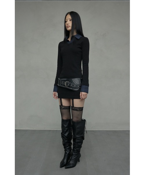 NIIER NOR(ニアノア)の「A'GEM/9 × .kom 『NIIER NOR/ニアノア』 LAYERED CHECK SHIRT DRESS/レイヤードニットチェックトップス(その他トップス・レディース・ブラック/グレー・FREE)」の5枚目の写真