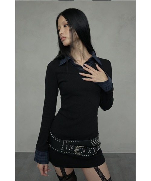 NIIER NOR(ニアノア)の「A'GEM/9 × .kom 『NIIER NOR/ニアノア』 LAYERED CHECK SHIRT DRESS/レイヤードニットチェックトップス(その他トップス・レディース・ブラック/グレー・FREE)」の6枚目の写真