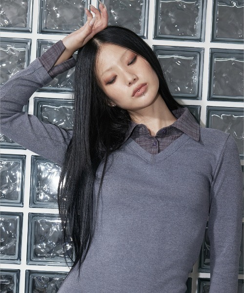 NIIER NOR(ニアノア)の「A'GEM/9 × .kom 『NIIER NOR/ニアノア』 LAYERED CHECK SHIRT DRESS/レイヤードニットチェックトップス(その他トップス・レディース・ブラック/グレー・FREE)」の7枚目の写真