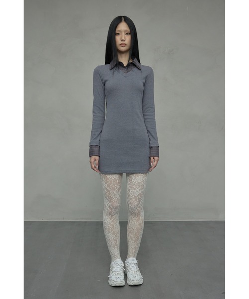 NIIER NOR(ニアノア)の「A'GEM/9 × .kom 『NIIER NOR/ニアノア』 LAYERED CHECK SHIRT DRESS/レイヤードニットチェックトップス(その他トップス・レディース・ブラック/グレー・FREE)」の8枚目の写真