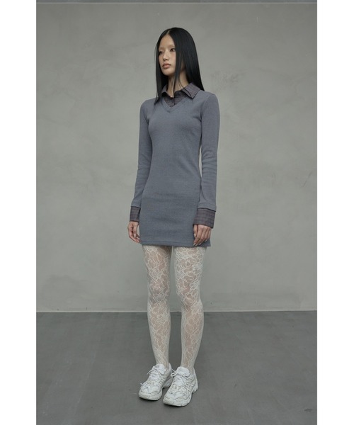 NIIER NOR(ニアノア)の「A'GEM/9 × .kom 『NIIER NOR/ニアノア』 LAYERED CHECK SHIRT DRESS/レイヤードニットチェックトップス(その他トップス・レディース・ブラック/グレー・FREE)」の9枚目の写真