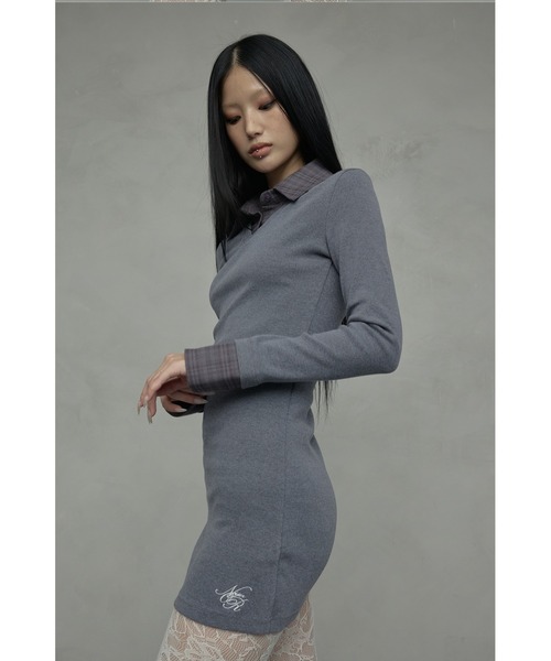 NIIER NOR(ニアノア)の「A'GEM/9 × .kom 『NIIER NOR/ニアノア』 LAYERED CHECK SHIRT DRESS/レイヤードニットチェックトップス(その他トップス・レディース・ブラック/グレー・FREE)」の10枚目の写真