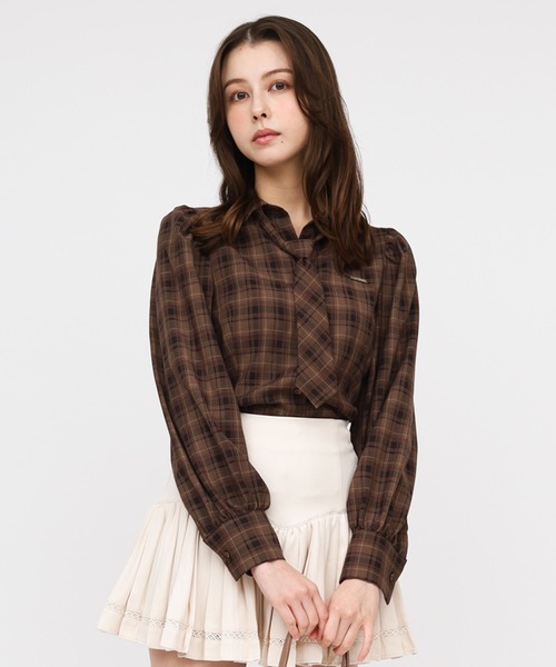 ROYAL PARTY（ロイヤルパーティー）の「ネクタイ付チェックシャツ（シャツ/ブラウス・レディース・ネイビー/カーキ/ブラウン・FREE）」の4枚目の写真