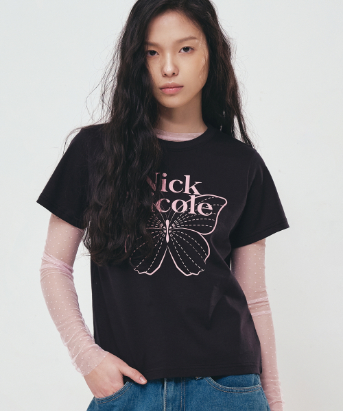 NICK&NICOLE(ニックアンドニコール)の「BUTTERFLY NICOLE LABEL SLIM TOP_BLACK PINK(Tシャツ/カットソー・レディース・その他・FREE)」の1枚目の写真