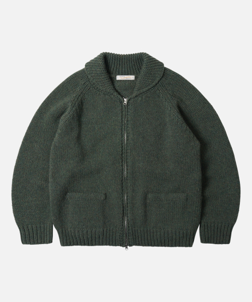 HEAVY COWICHAN ZIP UP CARDIGAN — тёмно‑зелёный