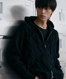 NODU（ノードユー）の「ミックスケーブルニットフードジップアップ[ブラック]（パーカー）」