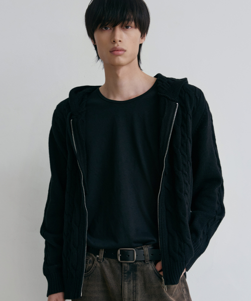 NODU（ノードユー）の「ミックスケーブルニットフードジップアップ[ブラック]（パーカー・メンズ・その他・MEDIUM/LARGE）」の2枚目の写真