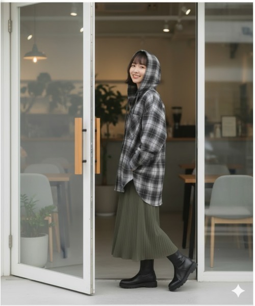 Day and Grade(デイアンドグレイド)の「フード付き ビッグチェックシャツ チュニック(シャツ/ブラウス・レディース・ブラック・FREE)」の9枚目の写真