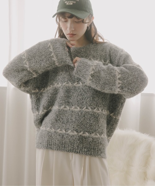 210nouve（トゥージュヌーブ）の「ミックス ボーダー オーバーサイズ ニット（ニット/セーター・レディース・グレー/ネイビー/ピンク/ブラウン・FREE）」の2枚目の写真