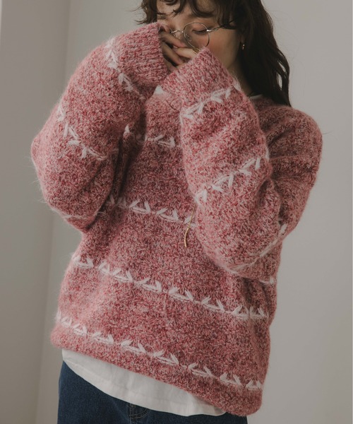 210nouve（トゥージュヌーブ）の「ミックス ボーダー オーバーサイズ ニット（ニット/セーター・レディース・グレー/ネイビー/ピンク/ブラウン・FREE）」の4枚目の写真