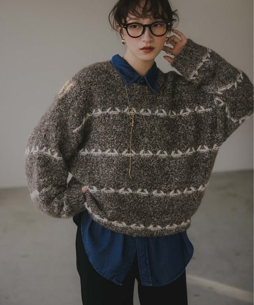 210nouve（トゥージュヌーブ）の「ミックス ボーダー オーバーサイズ ニット（ニット/セーター・レディース・グレー/ネイビー/ピンク/ブラウン・FREE）」の6枚目の写真