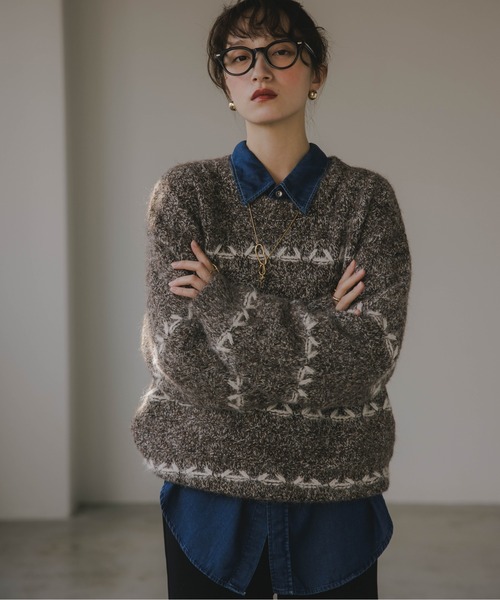 210nouve（トゥージュヌーブ）の「ミックス ボーダー オーバーサイズ ニット（ニット/セーター・レディース・グレー/ネイビー/ピンク/ブラウン・FREE）」の8枚目の写真