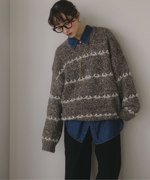 210nouve（トゥージュヌーブ）の「ミックス ボーダー オーバーサイズ ニット（ニット/セーター・レディース・グレー/ネイビー/ピンク/ブラウン・FREE）」の5枚目の写真