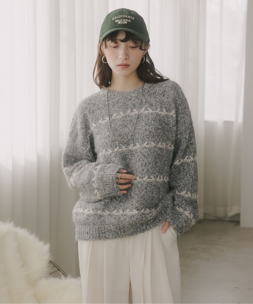 210nouve（トゥージュヌーブ）の「ミックス ボーダー オーバーサイズ ニット（ニット/セーター・レディース・グレー/ネイビー/ピンク/ブラウン・FREE）」の9枚目の写真