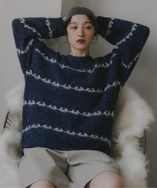 210nouve（トゥージュヌーブ）の「ミックス ボーダー オーバーサイズ ニット（ニット/セーター・レディース・グレー/ネイビー/ピンク/ブラウン・FREE）」の14枚目の写真