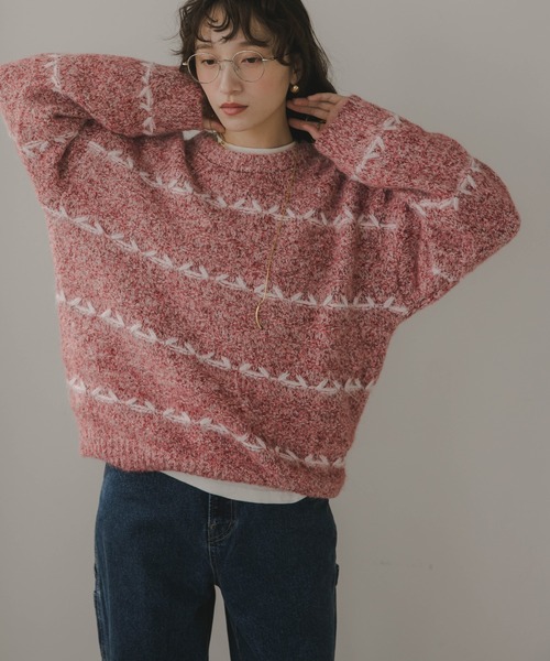 210nouve（トゥージュヌーブ）の「ミックス ボーダー オーバーサイズ ニット（ニット/セーター・レディース・グレー/ネイビー/ピンク/ブラウン・FREE）」の17枚目の写真