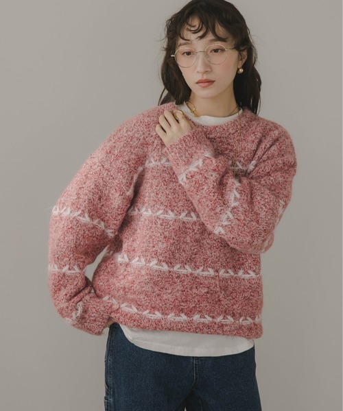 210nouve（トゥージュヌーブ）の「ミックス ボーダー オーバーサイズ ニット（ニット/セーター・レディース・グレー/ネイビー/ピンク/ブラウン・FREE）」の15枚目の写真