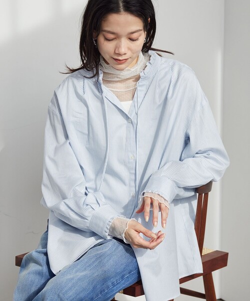 green label relaxing（グリーンレーベルリラクシング）の「［size SHORTあり］フリルネック ブラウス（シャツ/ブラウス・レディース・ライトブルー/ホワイト/ライム/イエロー/ネイビー・FREE/SHORT）」の9枚目の写真