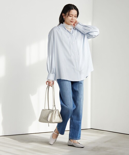 green label relaxing（グリーンレーベルリラクシング）の「［size SHORTあり］フリルネック ブラウス（シャツ/ブラウス・レディース・ライトブルー/ホワイト/ライム/イエロー/ネイビー・FREE/SHORT）」の10枚目の写真