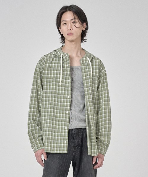 SECONDMONO（セカンドモノローグ）の「オーバーサイズチェックフードシャツ[グリーン]_SESH012GREEN（シャツ/ブラウス・レディース・その他・SMALL/MEDIUM/LARGE）」の4枚目の写真