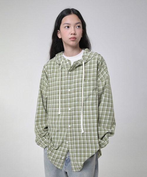SECONDMONO（セカンドモノローグ）の「オーバーサイズチェックフードシャツ[グリーン]_SESH012GREEN（シャツ/ブラウス・レディース・その他・SMALL/MEDIUM/LARGE）」の5枚目の写真