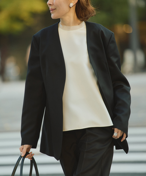 VERMEIL par iena(ヴェルメイユパーイエナ)の「ドライツイルノーカラージャケット(ノーカラージャケット・レディース・ブラック・40/38/36)」の1枚目の写真