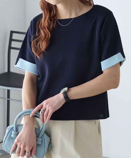 BONLECILL(ボンルシール)の「【マシンウォッシャブル/接触冷感】袖配色ニットT(Tシャツ/カットソー・レディース・アイボリー/ネイビー/ピンク/ブルー・FREE)」の2枚目の写真