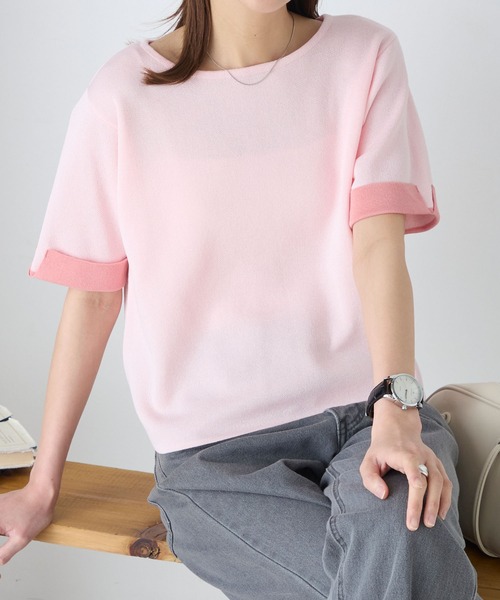 BONLECILL(ボンルシール)の「【マシンウォッシャブル/接触冷感】袖配色ニットT(Tシャツ/カットソー・レディース・アイボリー/ネイビー/ピンク/ブルー・FREE)」の4枚目の写真