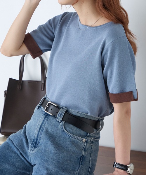 BONLECILL(ボンルシール)の「【マシンウォッシャブル/接触冷感】袖配色ニットT(Tシャツ/カットソー・レディース・アイボリー/ネイビー/ピンク/ブルー・FREE)」の3枚目の写真