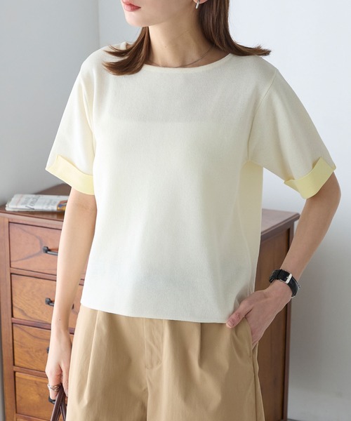 BONLECILL(ボンルシール)の「【マシンウォッシャブル/接触冷感】袖配色ニットT(Tシャツ/カットソー・レディース・アイボリー/ネイビー/ピンク/ブルー・FREE)」の1枚目の写真